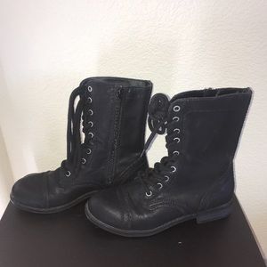 Black mid calf high combat boots